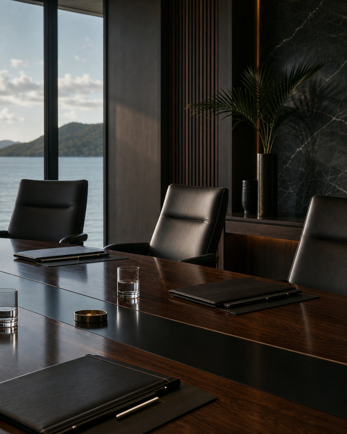 A dark walnut boardroom prepared for a directors meeting