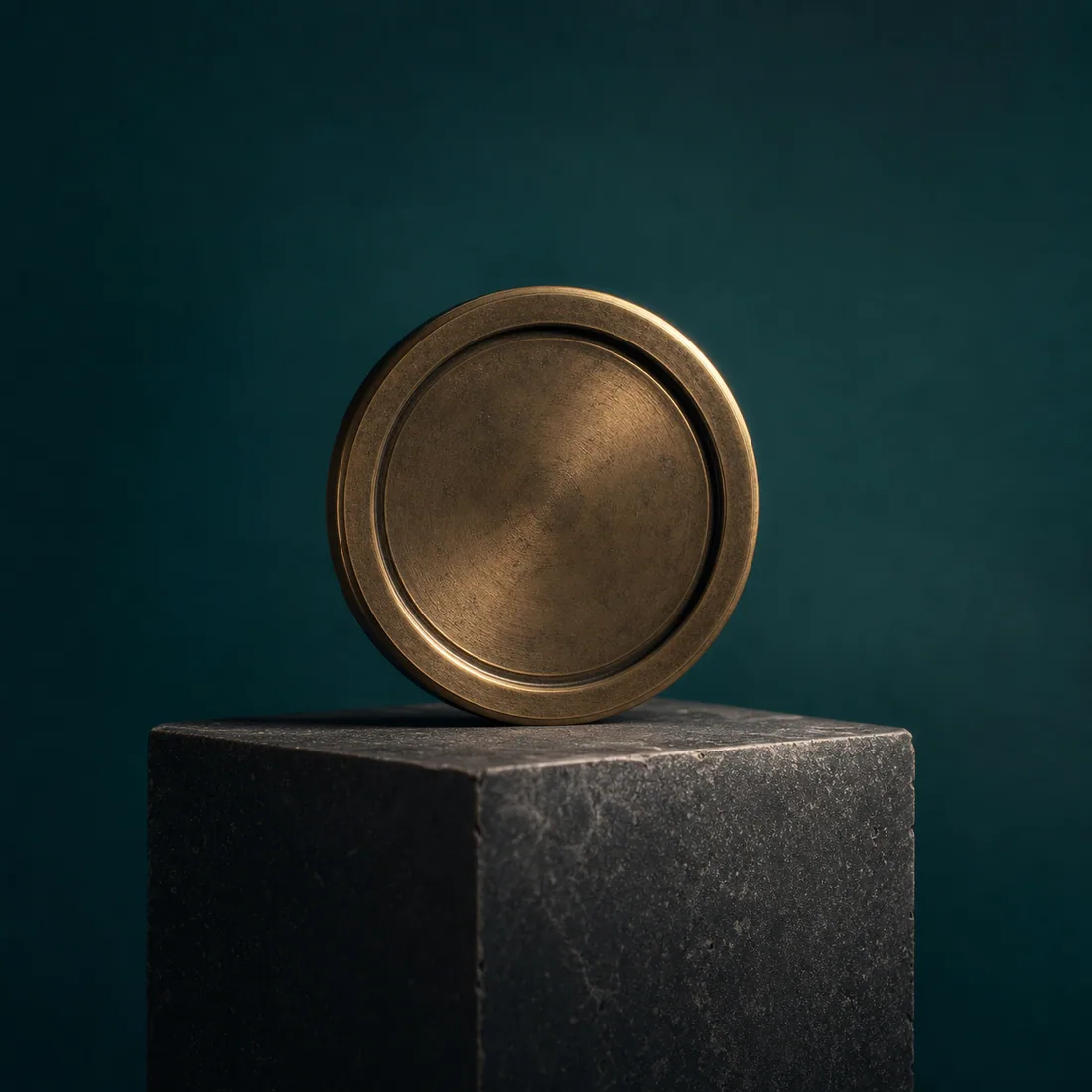 Antique brass seal displayed on a dark limestone plinth