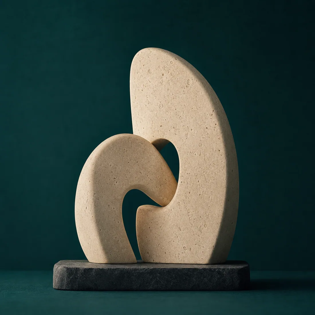 Interlocking sculptural forms carved from warm limestone