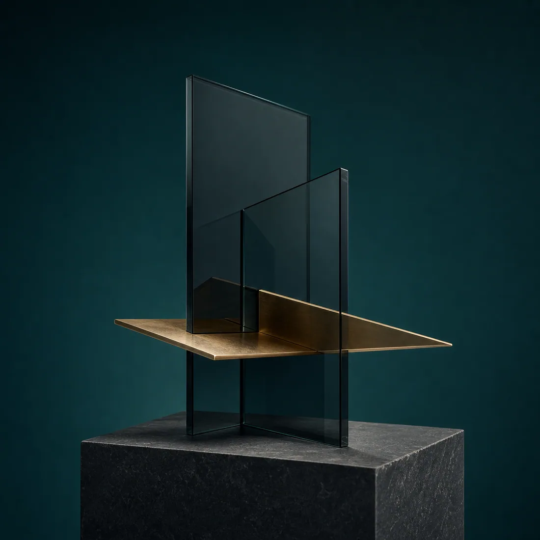 Architectural sculpture formed from smoked glass and brass