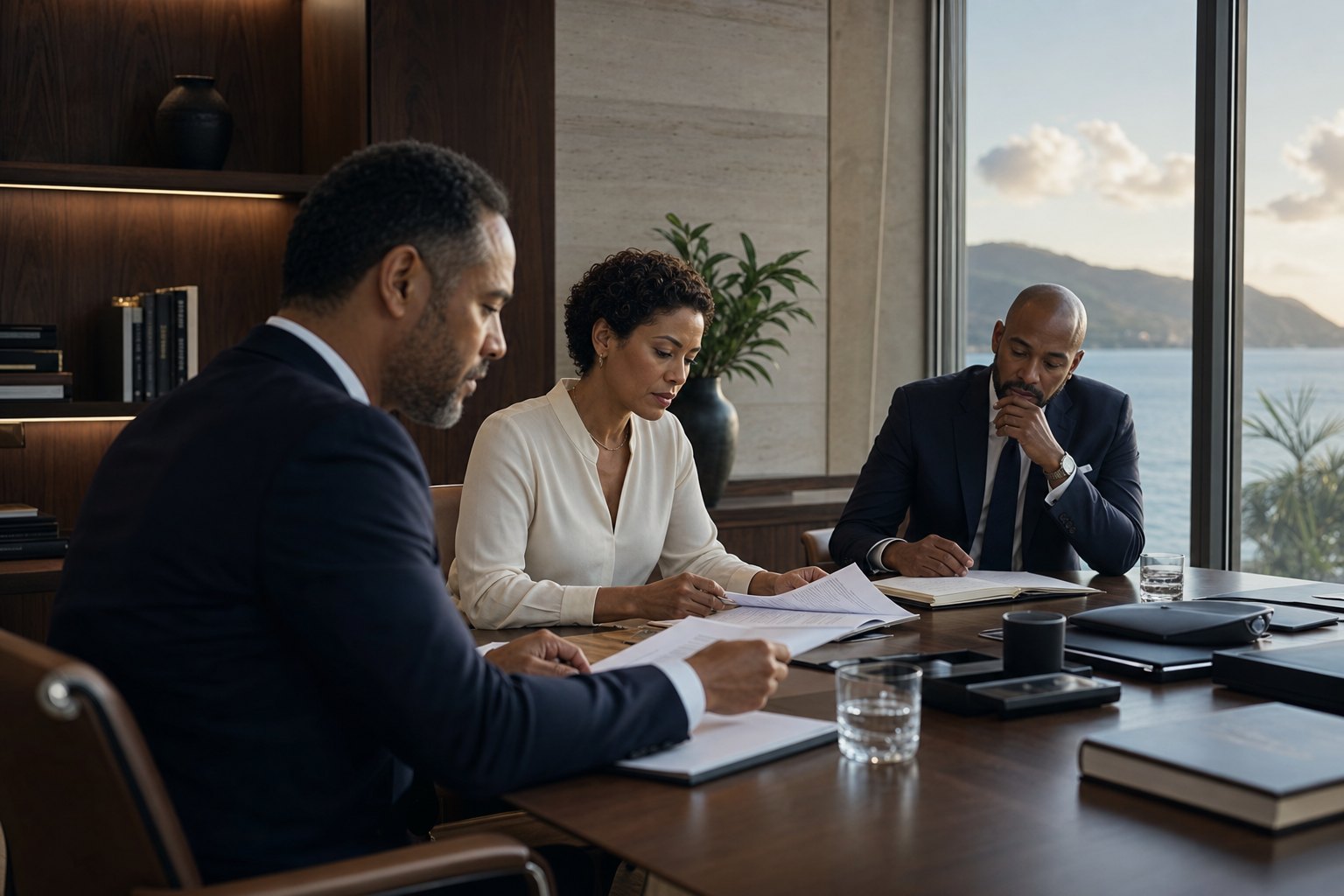 Veyra attorneys reviewing a matter in a sea-view conference room